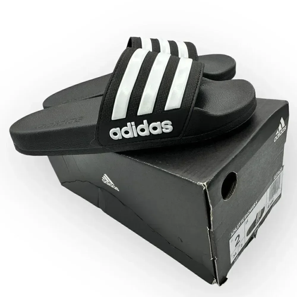NWT Adidas Kids Adilette Shower K Comfort Slide Black White Size 2